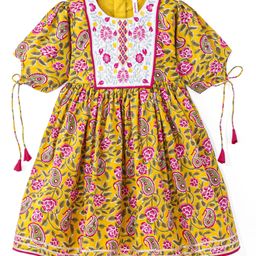 Babyhug Cotton Woven Short Sleeves Cambric Floral Printed Ethnic Dress with Embroidery - Yellow-image-126