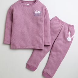 BUMZEE Full Sleeves Animal & Text Printed Pleated Thermal Tee & Joggers Set - Mauve-image-42