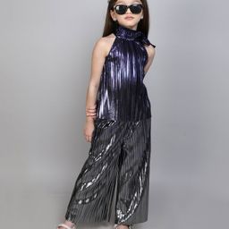 Taffykids Sleeveless Pleated Ombre Foil Printed Party Top & Pant Set - Multi Colour-image-3