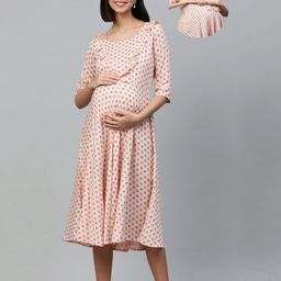 Swishchick Cotton Three Fourth Sleeves Floral Printed Maternity Dress With Concealed Zipper Nursing Access - Pink-image-17