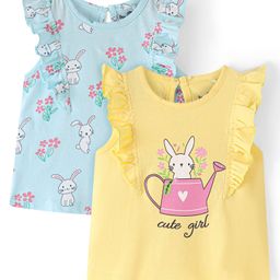 Doodle Poodle 100% Cotton Knit SleevelessT-Shirts With Animal & Floral Print with Frill Detailing Pack of 2- Light Blue & Yellow-picture-47