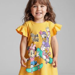 Babyhug Disney Single Jersey Knit Half Sleeves Frock With Minnie & Daisy Graphic - Yellow-image-47