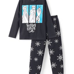 HoneyHap Disney Single Jersey Knit Full Sleeves Night Suit With Elsa & Friends Graphic - Black-image-56
