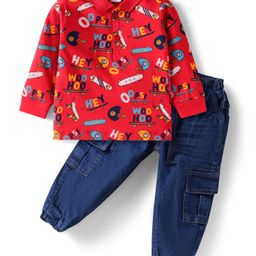 Babyhug Single Jersey Knit Full Sleeves Polo T-Shirt & Joggers Set with Skating Print - Red & Blue-image-95