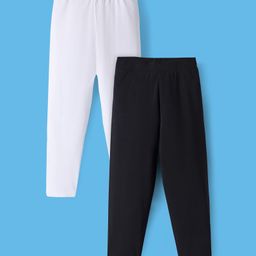 Pine Kids Cotton Lycra Full Length Solid Leggings With Stretch Pack of 2 - Black & White-image-81