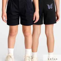 Arias Cotton Stretch Woven Butterfly Embroidered Shorts with Back Pocket - Black-image-31