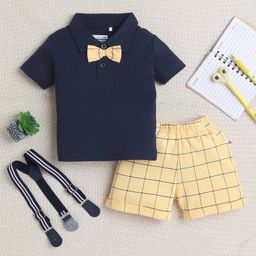 BUMZEE Cotton Half Sleeves Attached Bow Detailed Polo Tee With Checked Shorts & Suspender Set - Navy Blue & Yellow-image-31