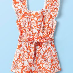 Babyhug Cotton Knit Frill Sleeves Jumpsuit With Floral Print & Fabric Belt - Orange-image-92