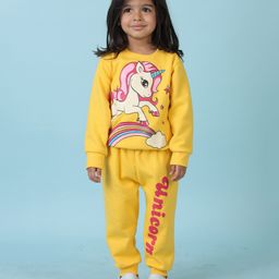KUCHIPOO Cotton Blend Full Sleeves Unicorn Printed Sweatshirt & Coordinating Joggers Set - Yellow-image-8