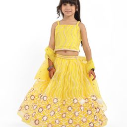 Babyhug Woven Sleeveless Choli And Lehenga Set With Dupatta And Floral Embroidery Sequins Work - Yellow-image-70