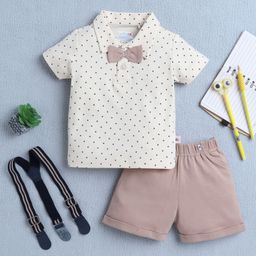 BUMZEE Cotton Half Sleeves Polka Dots Printed Bow Applique Detailed Polo Tee & Shorts With Suspender Set - Beige & Brown-image-84