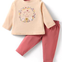 Zero Sinker Knit Full Sleeves Top & Lounge Pant Set With Floral & Animal Print - Light Pink & Rose Gold-image-85