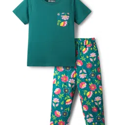 Pine Kids Single Jersey Knit Half Sleeves Night Suit with Floral Print - Kayaking Green-picture-3