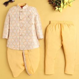 Jeet Ethnics Cotton Blend Full Sleeves Floral Printed & Threadwork Embroidered Kurta Dhoti & Pyjama Set - Yellow-image-68