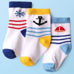 Cute Walk by Babyhug Knit Ankle Length Anti Bacterial Socks with Nautical Theme Design & Stripes Pack of 3 - Multicolor-image-66