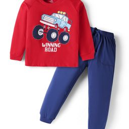 Doodle Poodle 100% Cotton Knit Full Raglan Sleeves Car Printed T-Shirt & Lounge Pant Set - Dark Red & Blue-picture-10