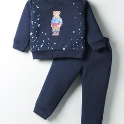 ToffyHouse Fleece Knit Full Sleeves Winter Wear Sweatshirt & Lounge Pant Set with Bear Print - Navy Blue-picture-29