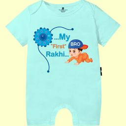 The Peppy Tend 100% Cotton Knit Rakshabandhan Theme Half Sleeves My First Rakhi Text Printed Romper - Sea Green-image-72