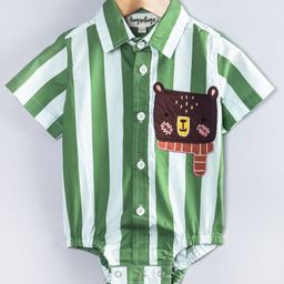 Hugsntugs Cotton Woven Half Sleeves Striped & Baby Bear Patch Embroidered Onesie - Green-image-13