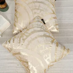 HOSTA HOMES Cream & Gold-Toned 2 Pieces Abstract Foil Printed Velvet Square Cushion Covers-image-80