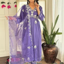 KALINI Floral Embroidered Thread Work V-Neck A-Line Kurta With Trousers & Dupatta-picture-19