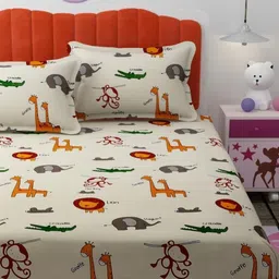 Aura Cream-Coloured & Orange Cartoon Characters 300 TC Queen Bedsheet with 2 Pillow Covers-29