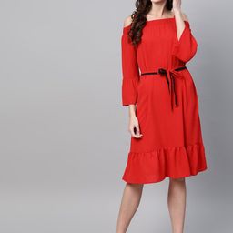Zima Leto Women Red Solid A-Line Dress With Belt-image-77