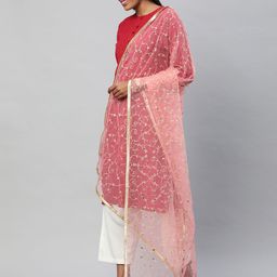 flaher Red Embroidered Dupatta with Zari image 2