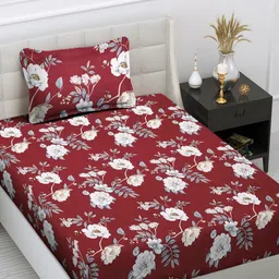 Myntra Elegant Homes Maroon & White Floral Printed 300 TC Single Bedsheet Set-2.25 mX1.5 m-image-43