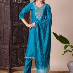 SUAAC Women Floral Embroidered Regular Thread Work Kurta with Trousers & With Dupatta-picture-28