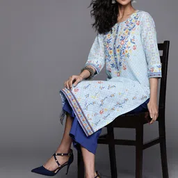 Biba Women Blue Ethnic Motifs Printed Pure Cotton Straight Kurta-picture-39