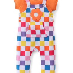Babyhug Cotton Knit Dungaree & Half Sleeves T-Shirt Set Floral & Checks  - Orange-image-80