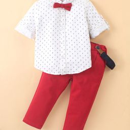 ToffyHouse 100% Cotton Woven Full Sleeves Printed Shirt and Cotton Twill Trousers Set with Bow & Suspender Red & White (Suspender Colour May Vary)-image-43