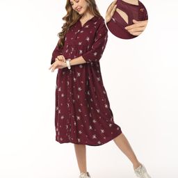 Bella Mama Viscose Three Forth Sleeves Maternity Dresses with Pocket Floral Print - Maroon Wine-image-87