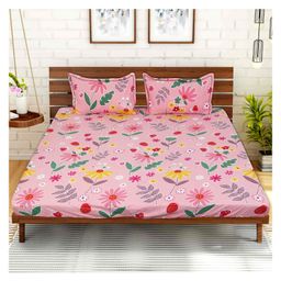 Kuber Industries Fitted Double BedsheetFloral Print Premium Glace Cotton Elastic Bedsheet With Two Pillow Covers,72 x 78 Inch(Pink)-13