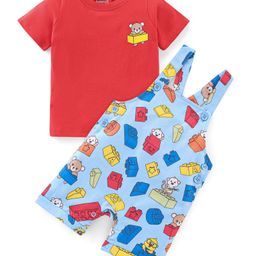 Babyhug Cotton Knit Dungaree with Half Sleeves Inner Tee Set Teddy & Blocks Print - Light Blue & Red-image-53