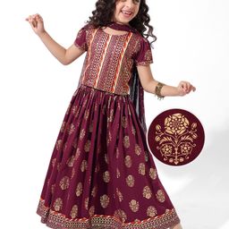 Earthy Touch Single Jersey Knit Half Sleeves Foil Printed Choli Lehenga Set with Dupatta - Maroon-image-89