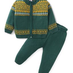 Babyhug Knitted Full Sleeves Front Open Sweater Set with Intarsia Design - Dark Green-picture-26