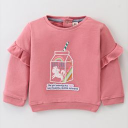 ToffyHouse Cotton Woven Frill Designed Full Sleeves  Top with  Unicorn Print & Text Patch - Dark Pink-picture-16
