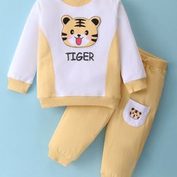 Kookie Kids Cotton Knit Full Sleeves Cut & Sew Winter Wear Set With Tiger Applique & Pocket Detailing - Mustard & White-image-61