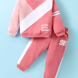 ToffyHouse 100% Cotton Knit Full Sleeves Color Block T-Shirt & Lounge Pants Set With Text Print - Pink & White-image-55