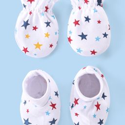 Babyhug 100% Cotton Knit Star Print Mittens and Booties - White-17