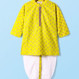 Babyhug Cambric Woven Full Sleeves Dhoti Kurta Set with Floral Print - Yellow-image-72