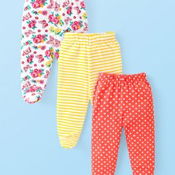 Babyhug Cotton Knit Interlock Bootie Leggings with Floral & Polka Dots Print Pack of 3 - White Yellow & Red-image-65