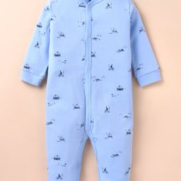 I Bears Interlock Knit Full Sleeves Front Open Romper with Boat Print - Light Blue-image-44
