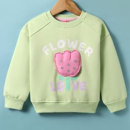 Little Kangaroos Fleece Knit Full Raglan Sleeves Sweatshirt with Text Print & Floral Applique - Lime Green-picture-12