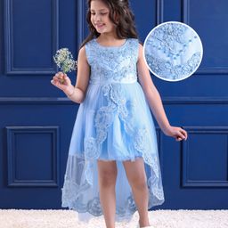 Mark & Mia Woven Sleeveless Party Gown & Veil With Floral Embroidery & Pearl Detailing - Blue-image-38