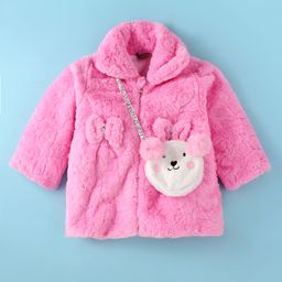 Little Kangaroos Knit Full Sleeves Fur Winter Jacket With Bow Applique & Sling Bag - Pink-image-48