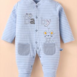 Mini Taurus Cotton Knit Full Sleeves Front Open Footed Striped Romper with Text Print & Patch - Light Blue-image-16