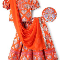 EARTHY TOUCH Single Jersey Knit Half Sleeves Floral Printed Choli & Lehenga Set with Dupatta - Coral Orange-image-94